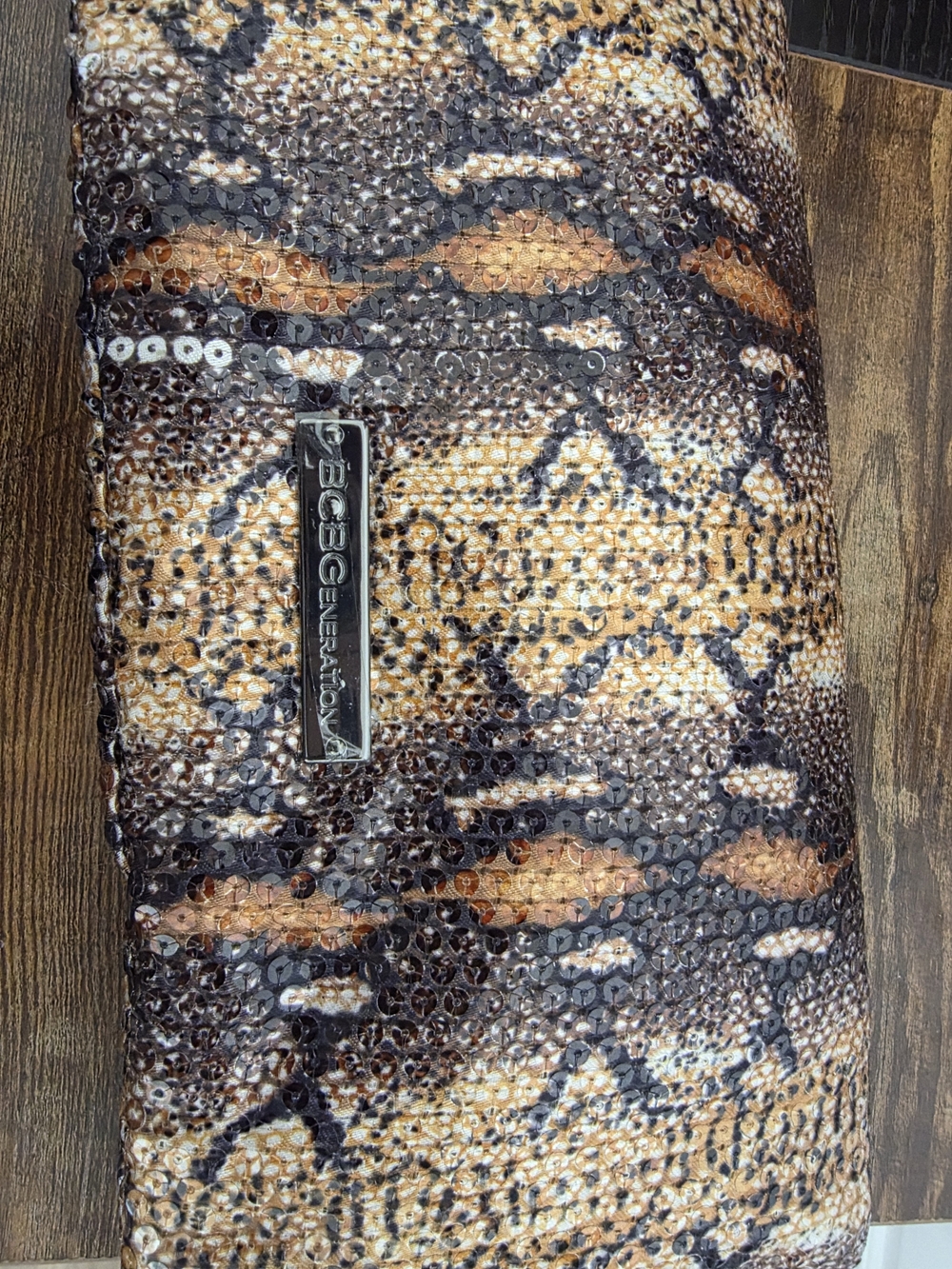 BCBG Brown and Black Snake-Print Sequin Clutch